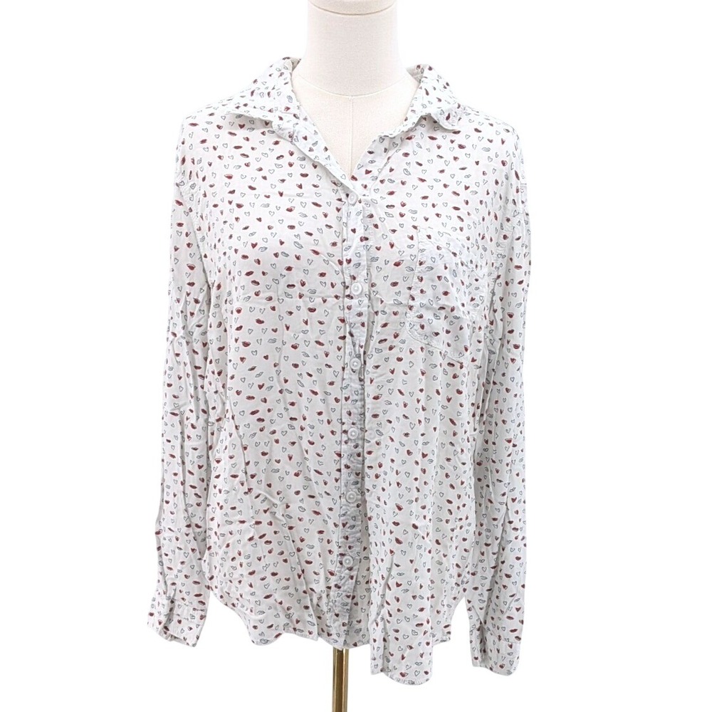 BeachLunchLounge Heart Print Button Up Blouse Viscose Relaxed XL